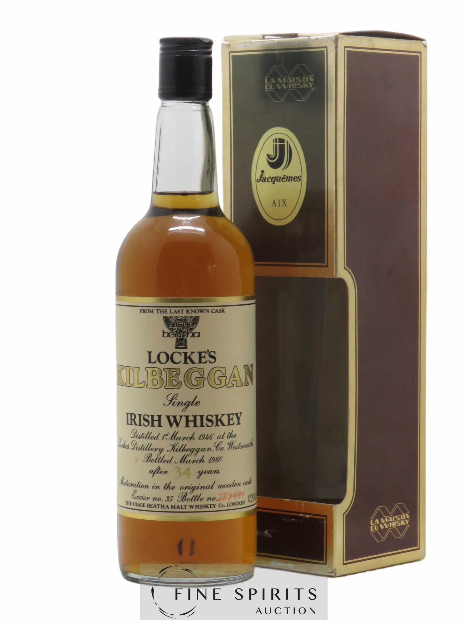 Locke's Kilbeggan 34 years 1946 The Uisge Beatha Malt Whiskey Co. Excise n°35 - One of 480 - bottled 1980 From the last known Cask