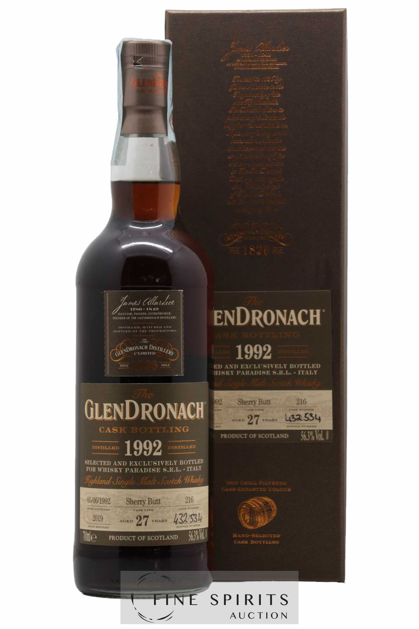 The Glendronach 27 years 1992 Of. Cask n°216 - One of 534 - bottled 2019 Whisky Paradise Cask Bottling