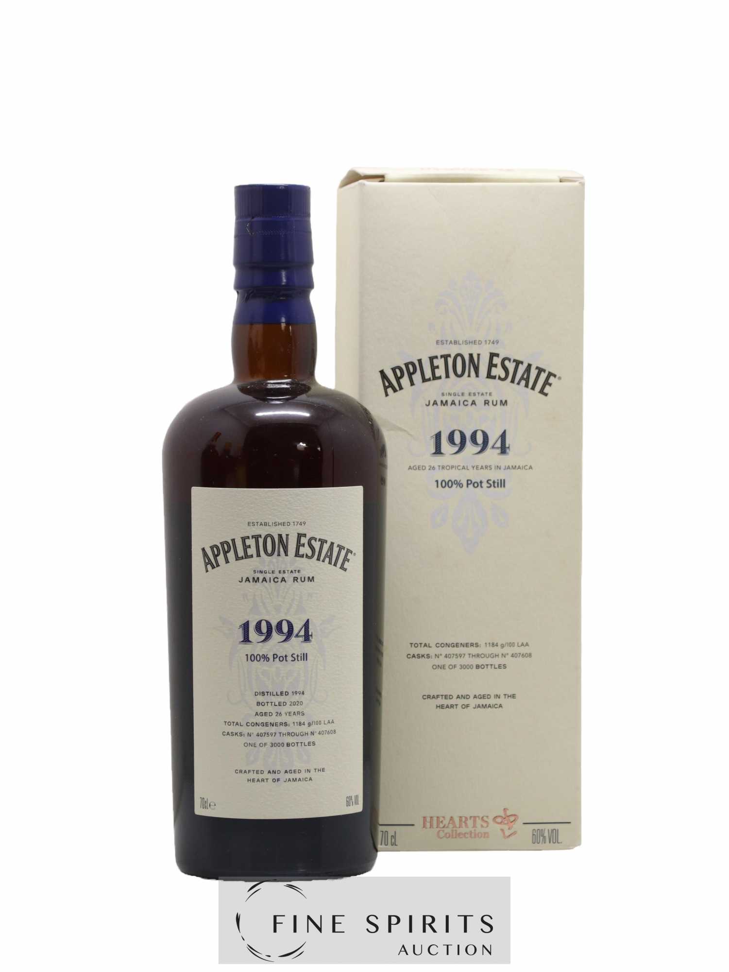 Appleton Estate 26 years 1994 Of. Pot Still Cask n°407597 through n°407608 - One of 3000 - bottled 2020 Hearts Collection
